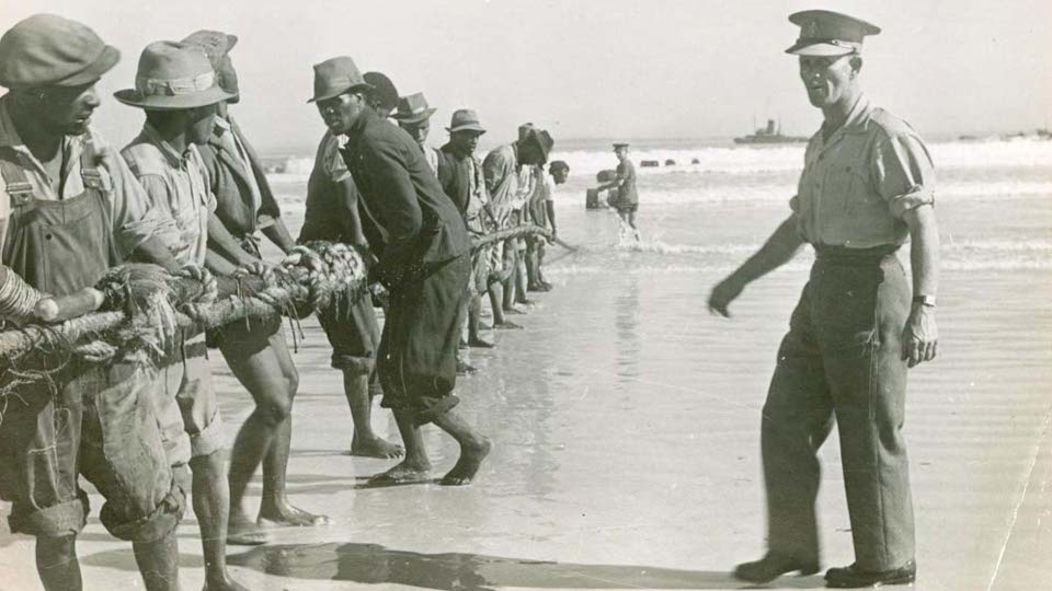 Communications cable is brought to the shore of Blaawberg, South Africa in 1944